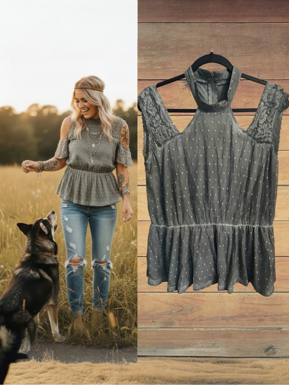 POL Grey Swiss Dot Halter Peplum Top Lace Cold Shoulder Detail Size Large NWT